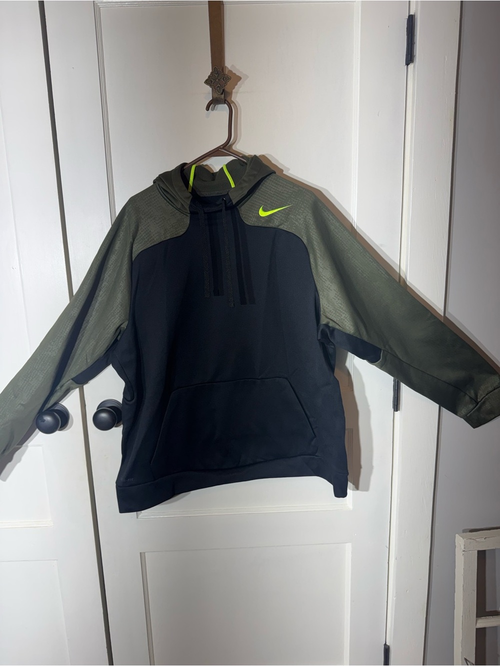 Nike Black & Olive Green & Black Hooded Performance Pullover with Neon Swoosh